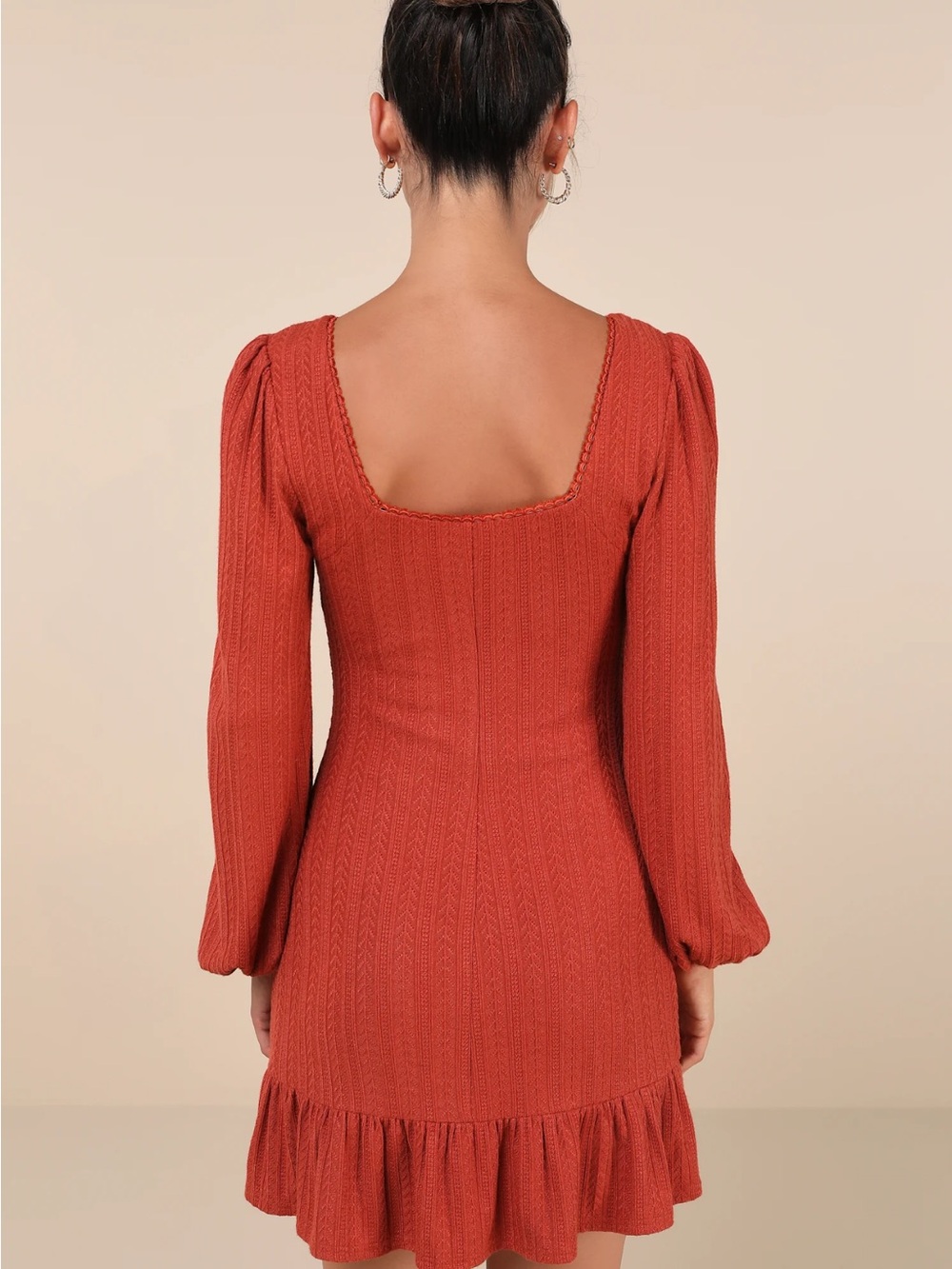 Lulu's Rust Ribbed Square-Neck Long-Sleeve Mini Dress - Picture 2 of 5